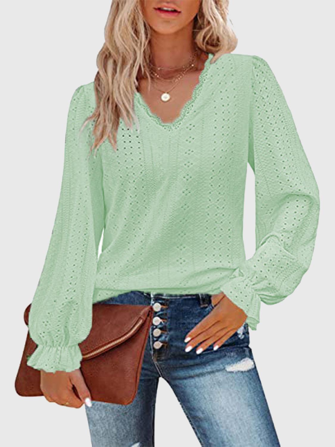 Eyelet V-Neck Flounce Sleeve Blouse