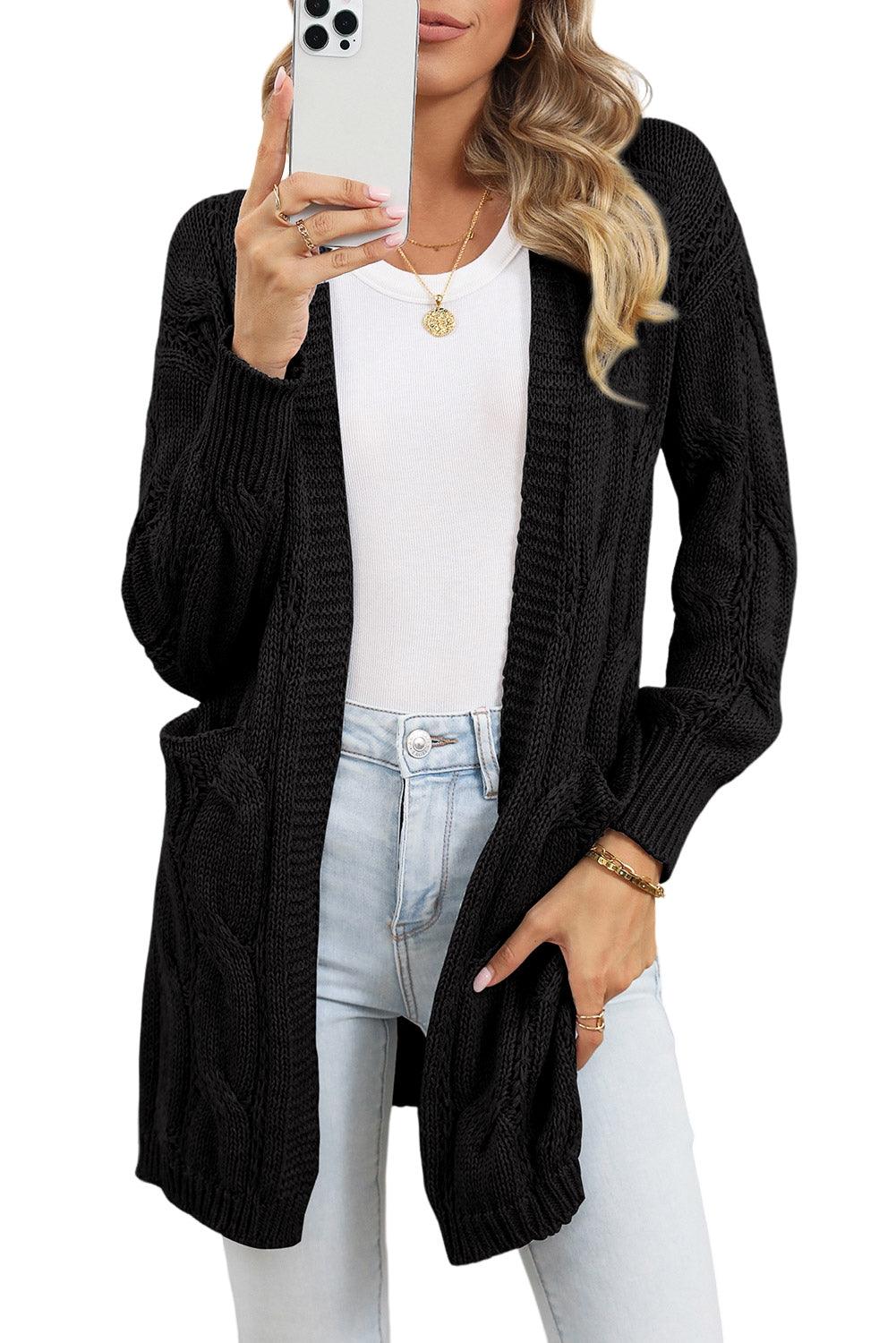 Khaki Ribbed Trim Hollow Knit Side Slits Cardigan