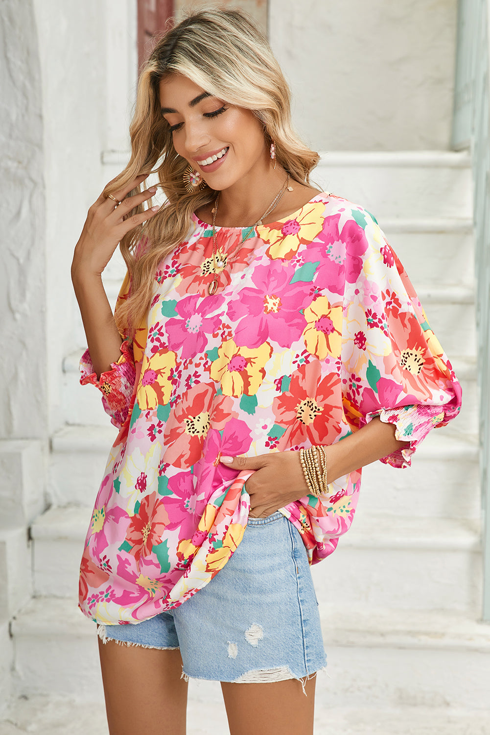 Pink Shirred Cuffs 3/4 Sleeve Boho Floral Blouse