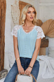 Eyelet V-Neck Lace Short Sleeve T-Shirt - PD SECRET REALM