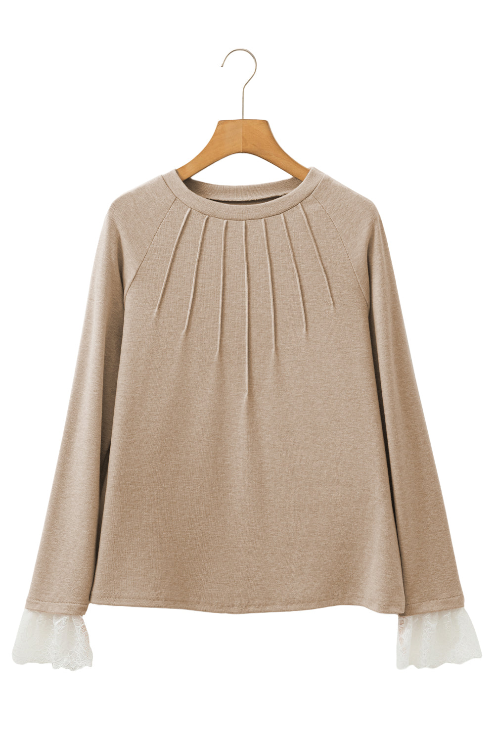 Parchment Seam Detail Lace Contrast Cuffs Raglan Sleeve Top