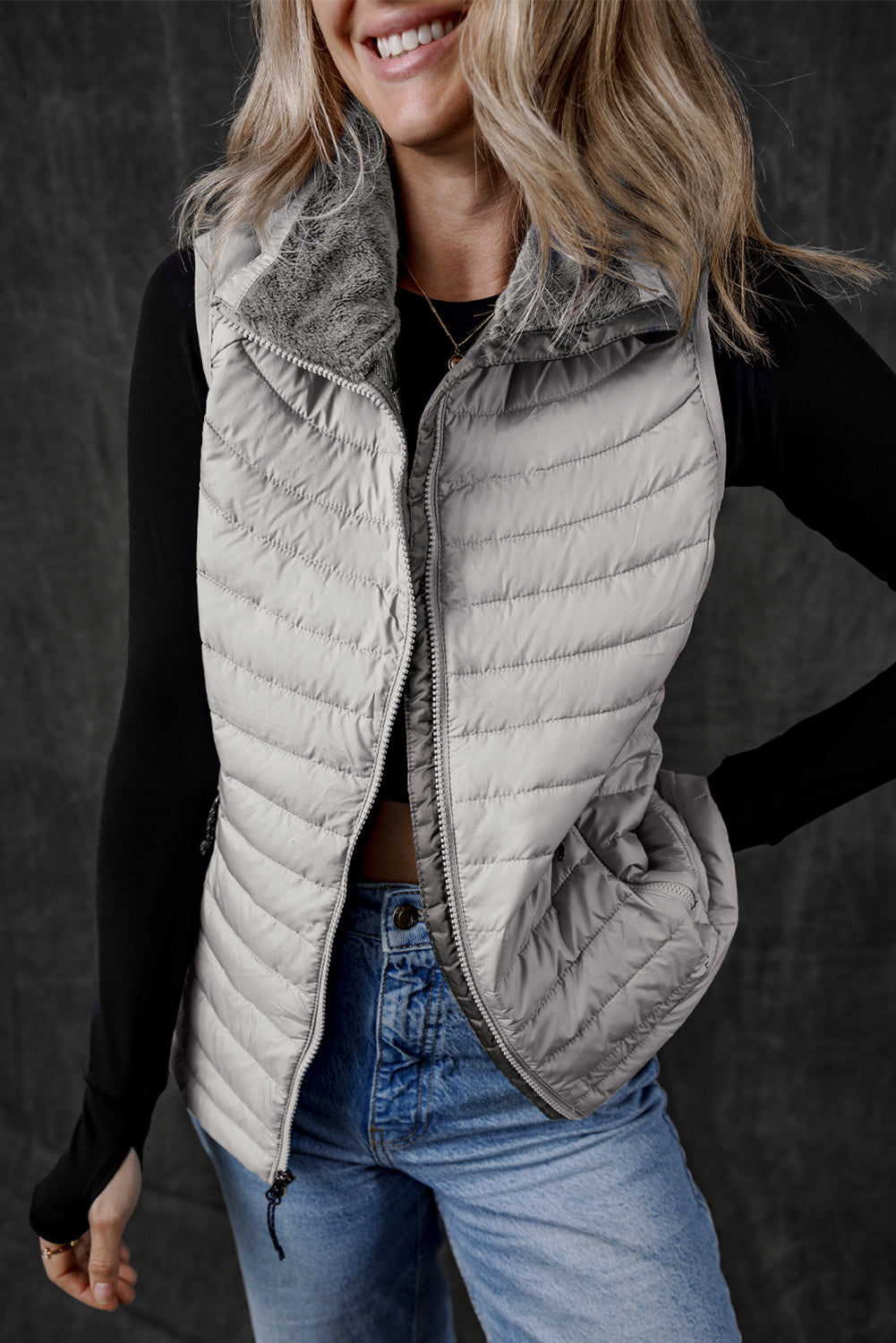 Burgundy Plush Collared Quilted Zipped Puffer Vest