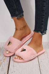 Pink Heart Open Toe Plush Slippers