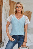 Eyelet V-Neck Lace Short Sleeve T-Shirt - PD SECRET REALM