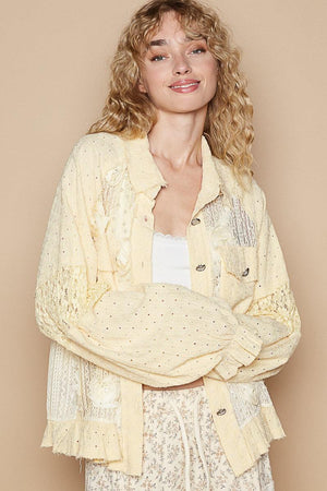 Eyelet Flower Pearl Detail Lace Patchwork Shirt - PD SECRET REALM