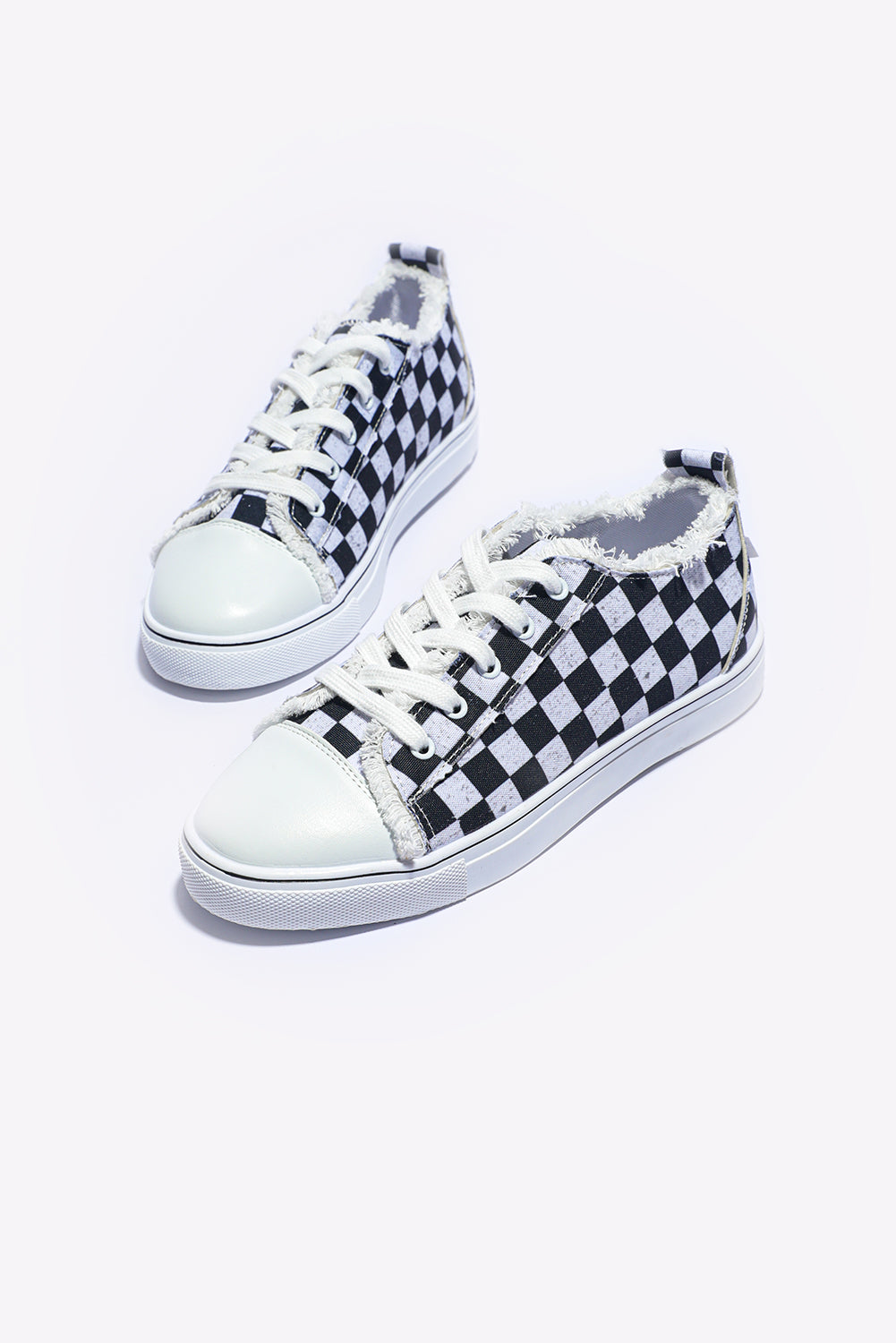 Black Checkered Print Raw Edge Lace-up Canvas Sneakers