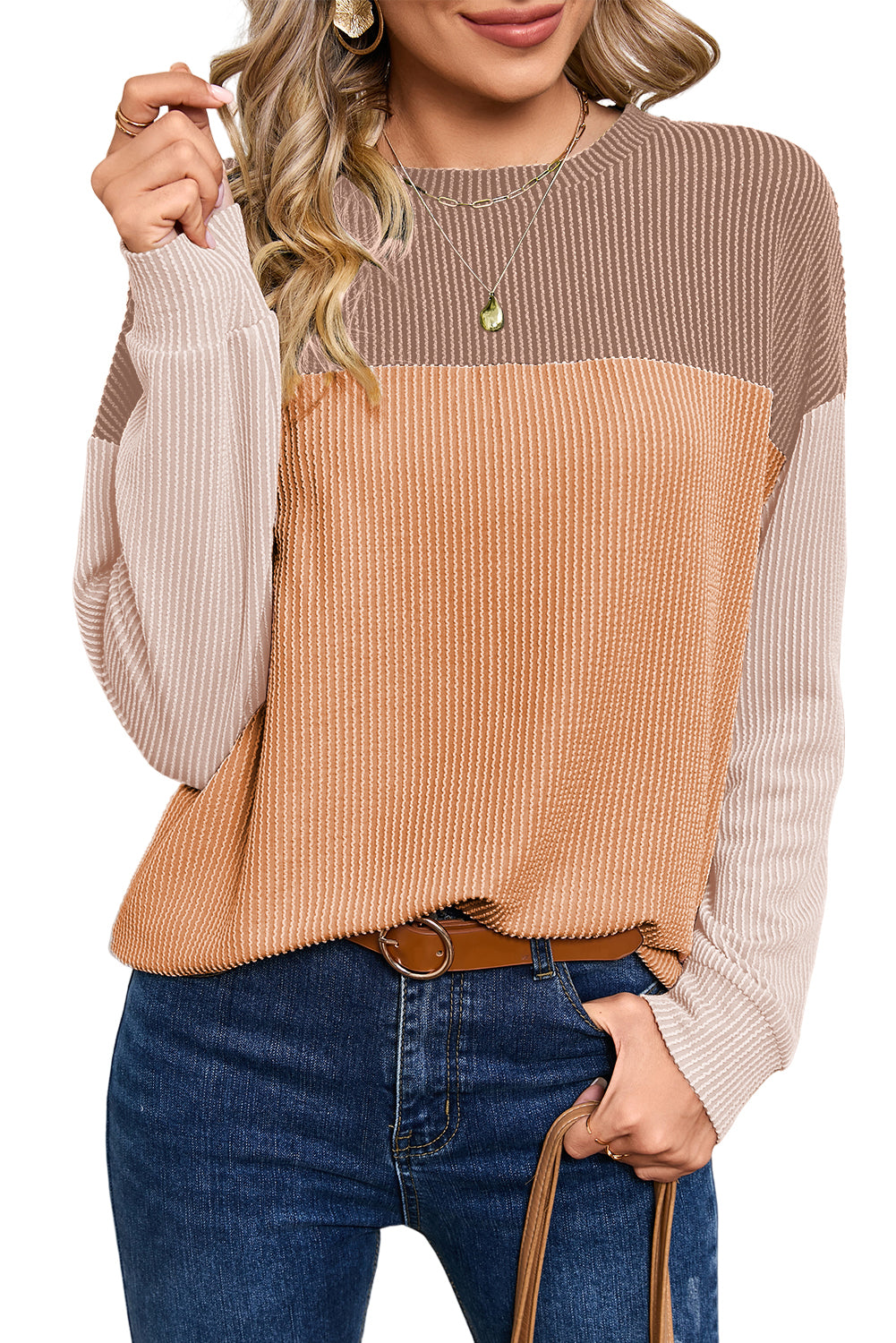 Khaki Color Block Ribbed Loose Long Sleeve Top