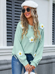 Angel Wings Flower Round Neck Long Sleeve Sweater