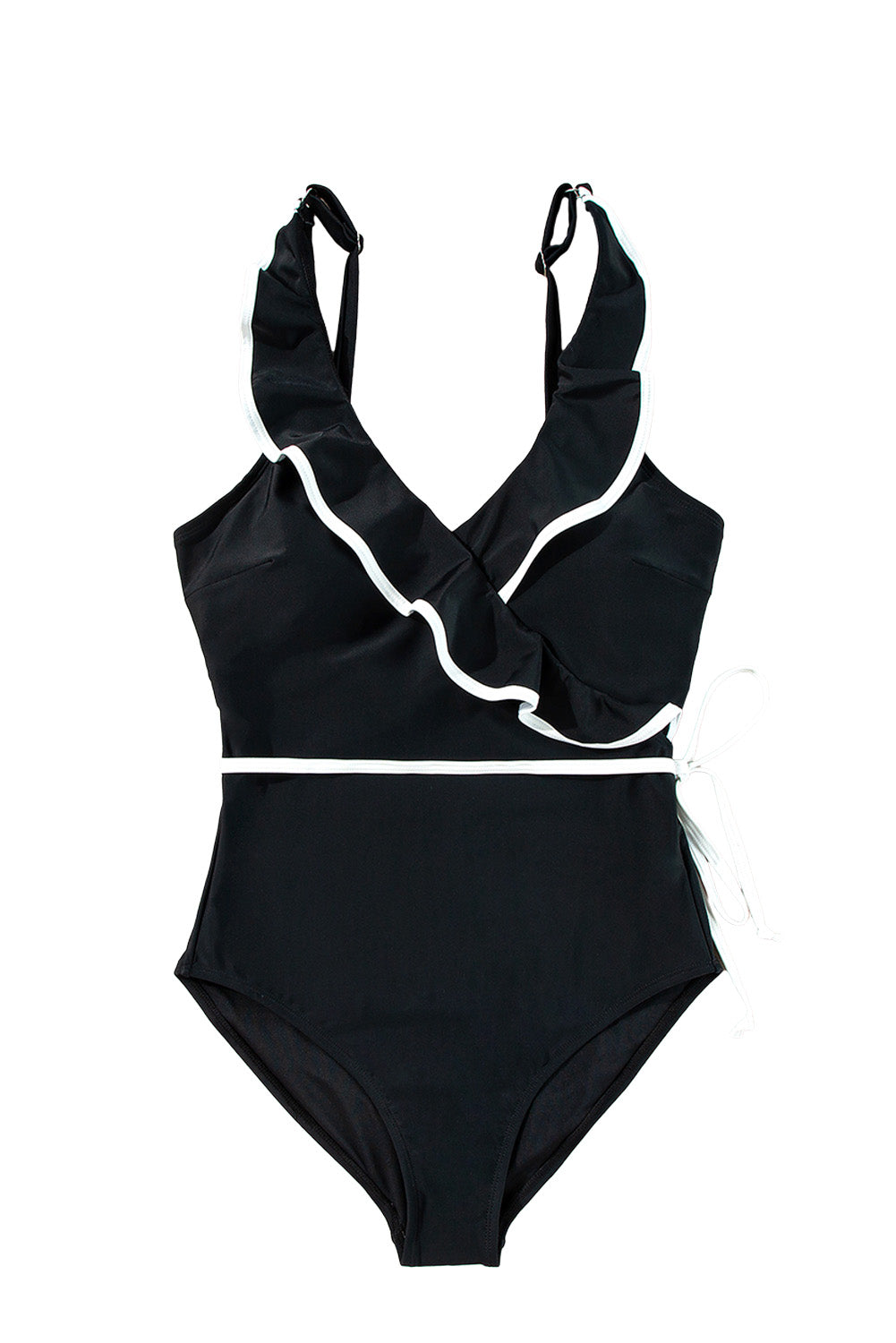 Black Color Contrast Ruffled Wrap V Neck Swimsuit