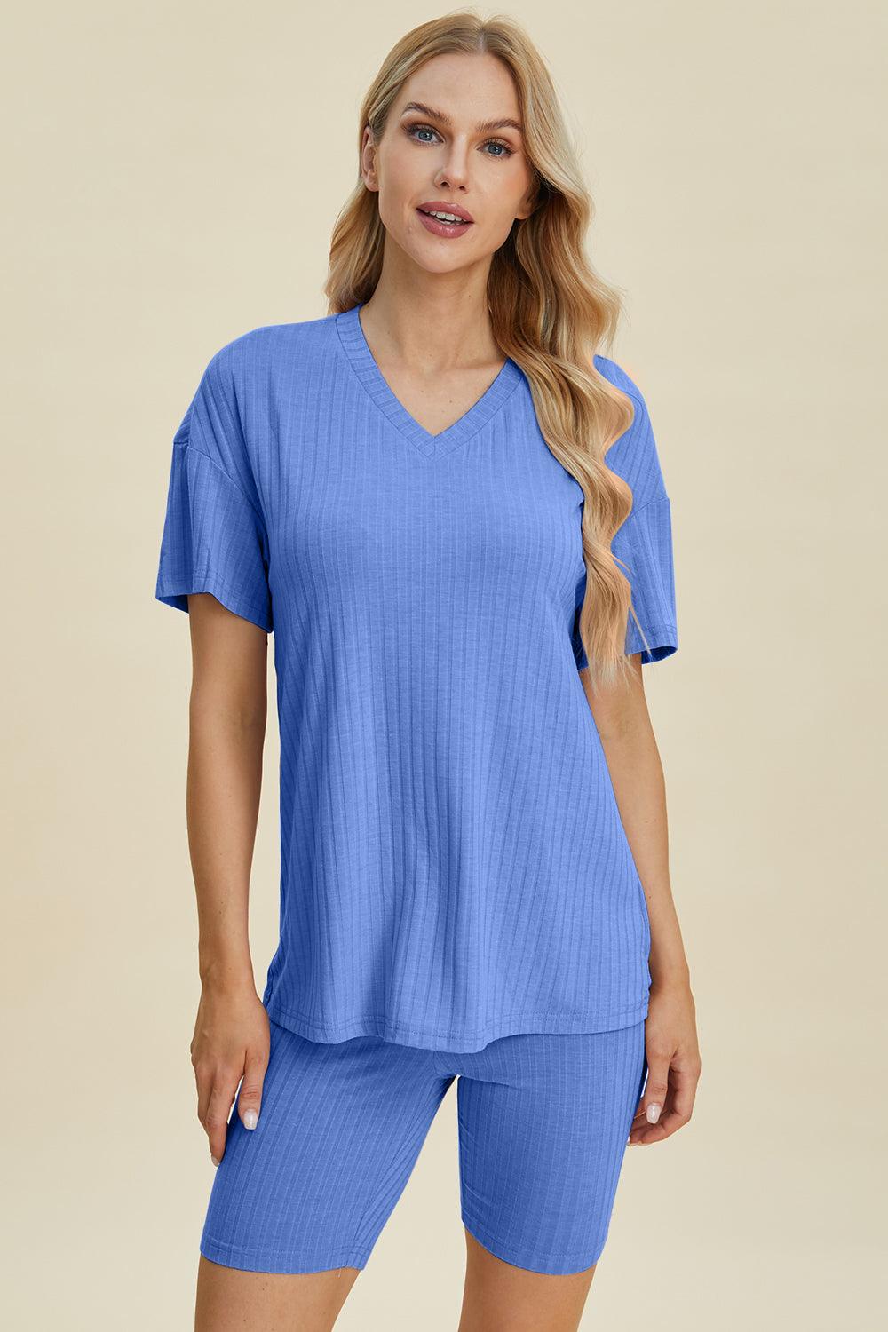 Full Size Ribbed V-Neck Short Sleeve Top and Shorts Set