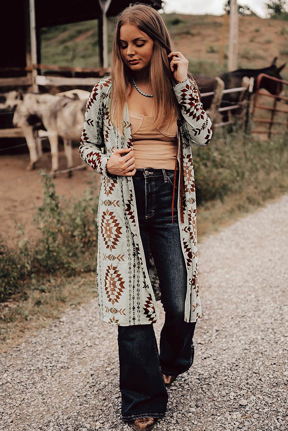 Brown Geometric Printed Open Front Long Cardigan