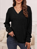 Ribbed V-Neck Long Sleeve T-Shirt - PD SECRET REALM