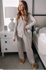 White Allover Leopard Print Long Sleeve and Pants Pajama Set