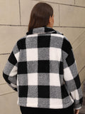 Plus Size Pocketed Plaid Collared Neck Jacket - PD SECRET REALM