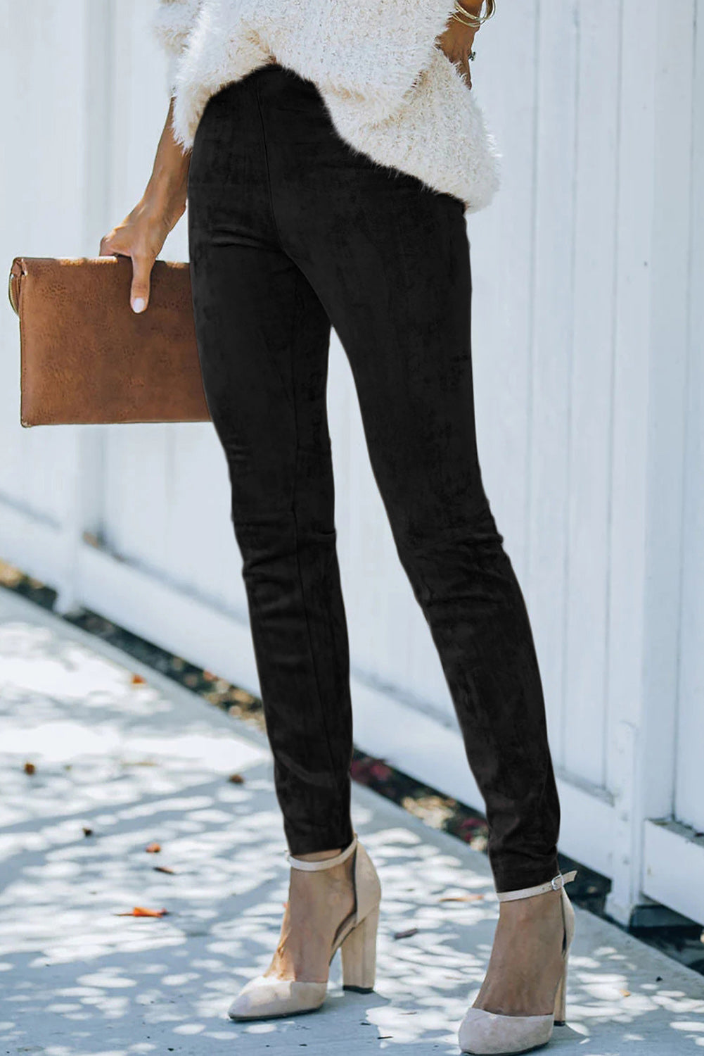 Black Mid Rise Faux Suede Skinny Leggings