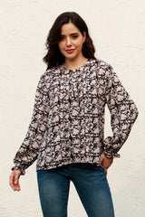 Floral Flounce Sleeve Round Neck Blouse