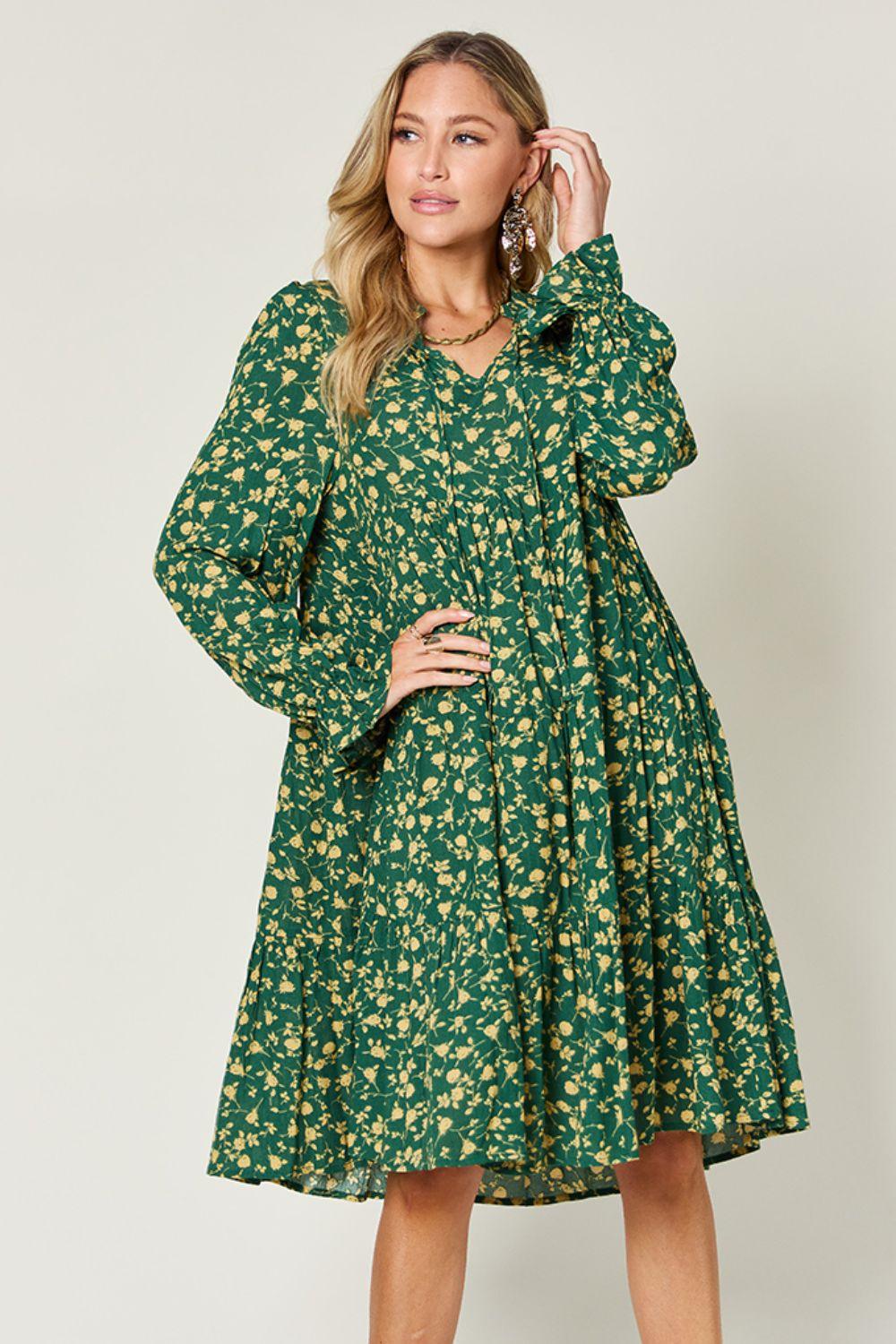 Full Size Printed Ruffle Hem Long Sleeve Tiered Dress