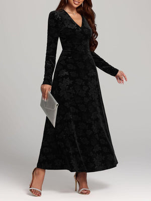 Rose Print V-Neck Long Sleeve Dress - PD SECRET REALM