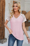 Eyelet V-Neck Lace Short Sleeve T-Shirt - PD SECRET REALM