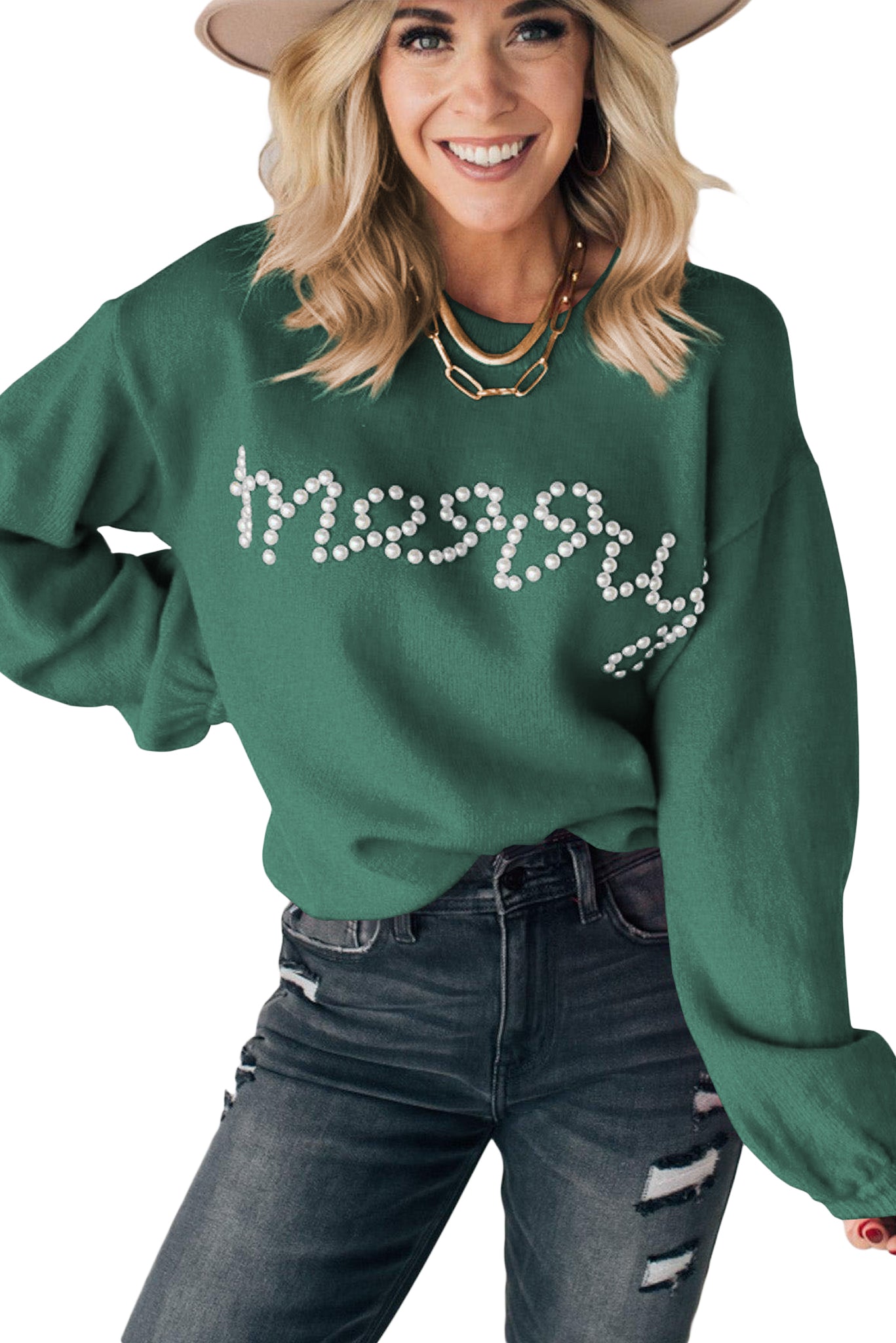 Fiery Red Pearl Beaded Merry Casual Sweater