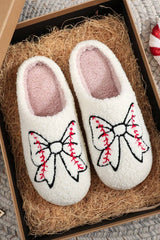 White Bow Knot Baseball Pattern Plush Warm Slippers