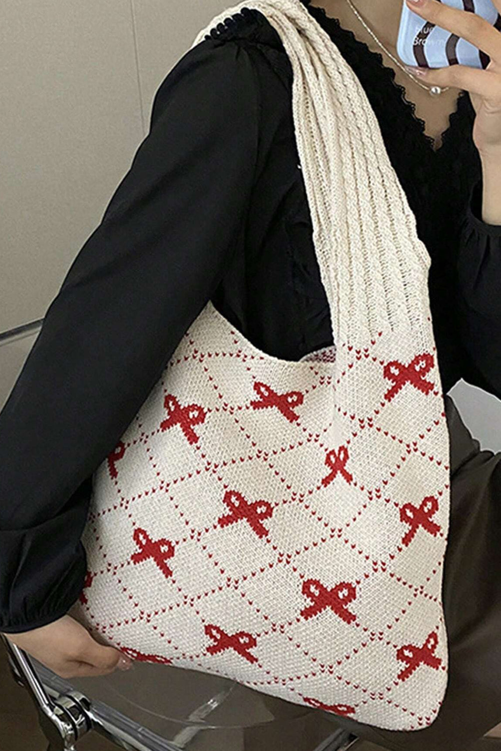 Fiery Red Bow Argyle Pattern Cable Knit Shoulder Bag