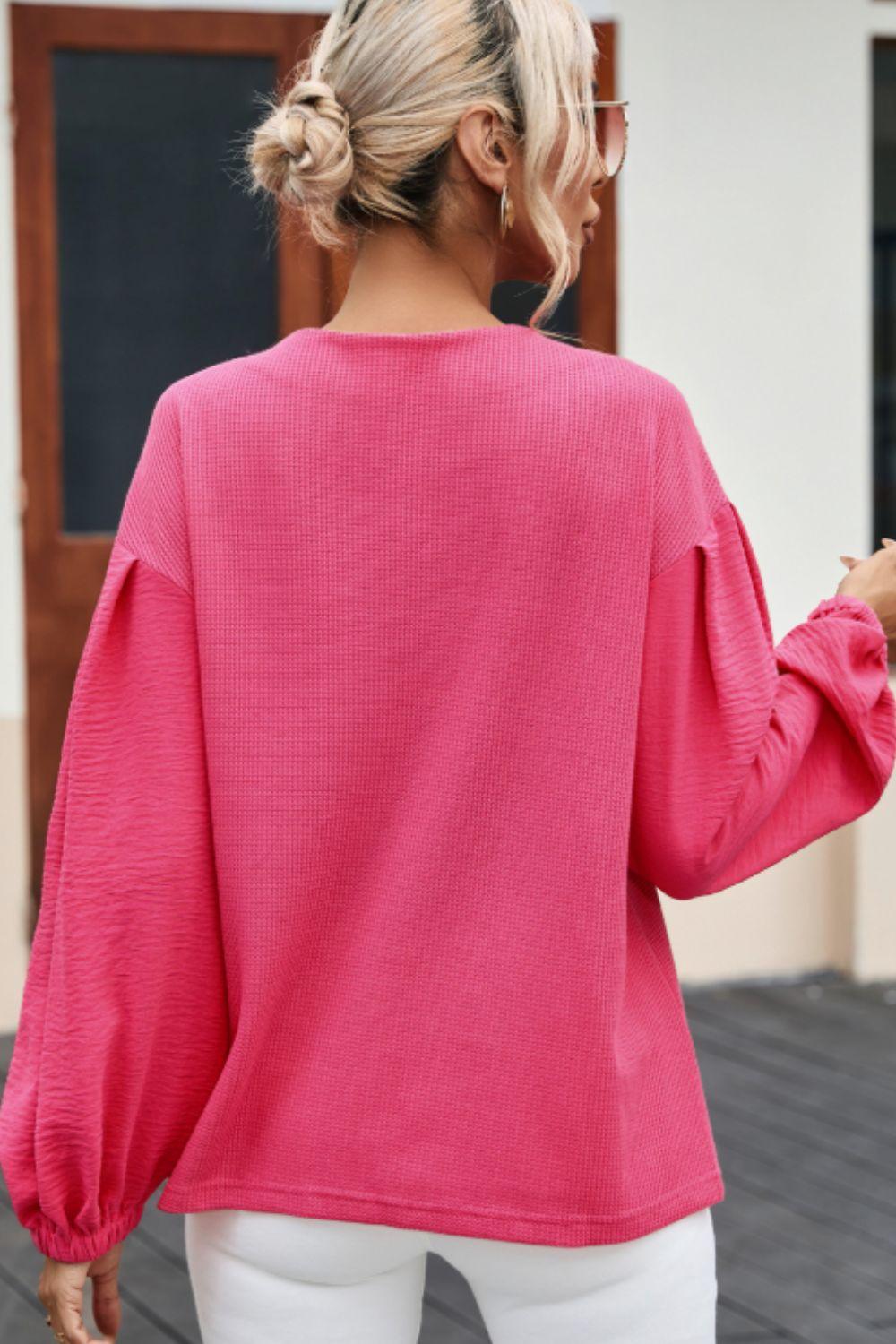 Waffle-Knit V-Neck Long Sleeve Blouse - PD SECRET REALM