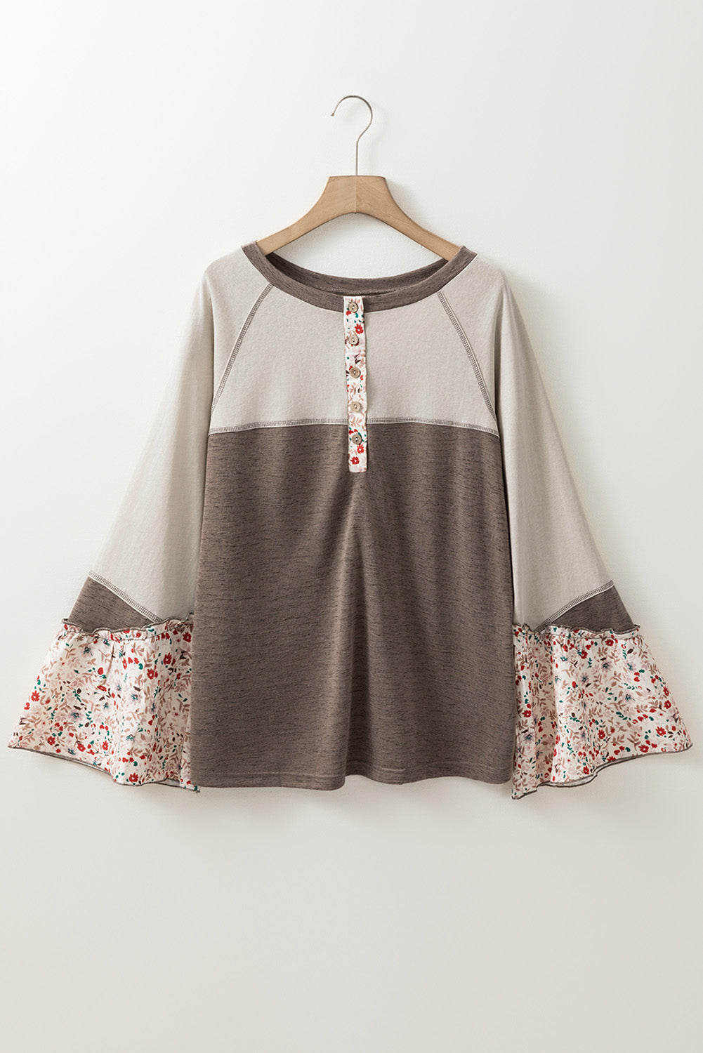 Goat Colorblock Floral Patchwork Flared Sleeve Henley Top