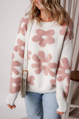 Flower Round Neck Long Sleeve Knit Top