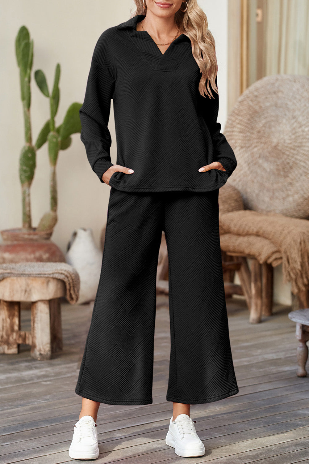 Sail Blue Solid Textured Collared V Neck Top and Wide Leg Pants Set