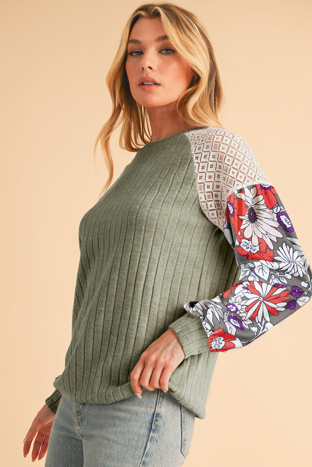 Laurel Green Floral Patchwork Raglan Sleeve Ribbed Blouse