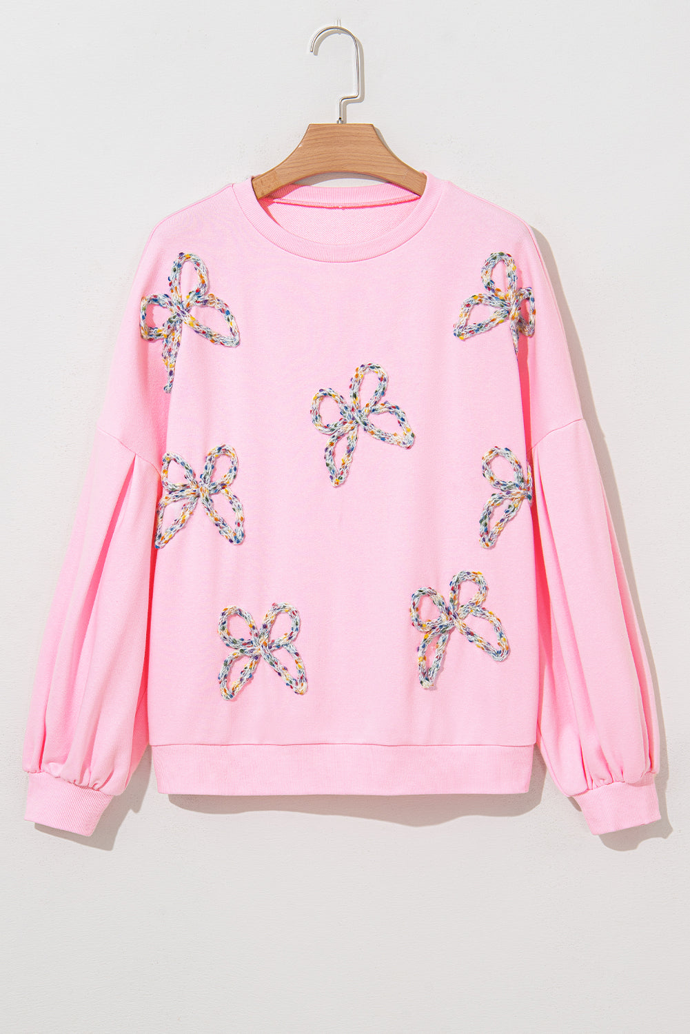 Light Pink Sweet Bow Lantern Sleeve Oversized Pullover Sweatshirt