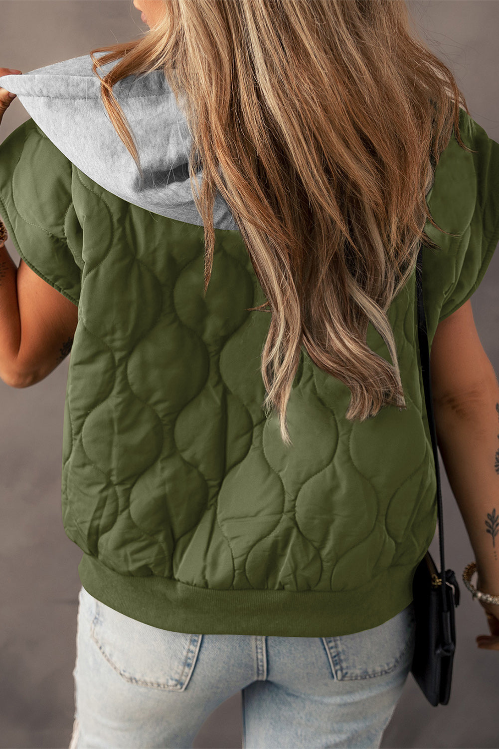 Jungle Green Quilted Drawstring Hooded Zip Up Puffer Vest