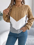 Cable-Knit Color Block Round Neck Sweater - PD SECRET REALM