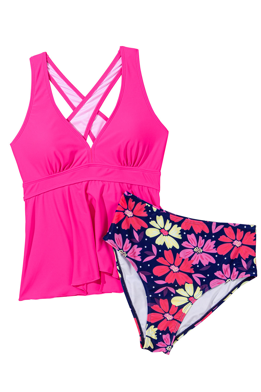 Rose V Neck Ruffle Hem Floral Bottom Tankini Set