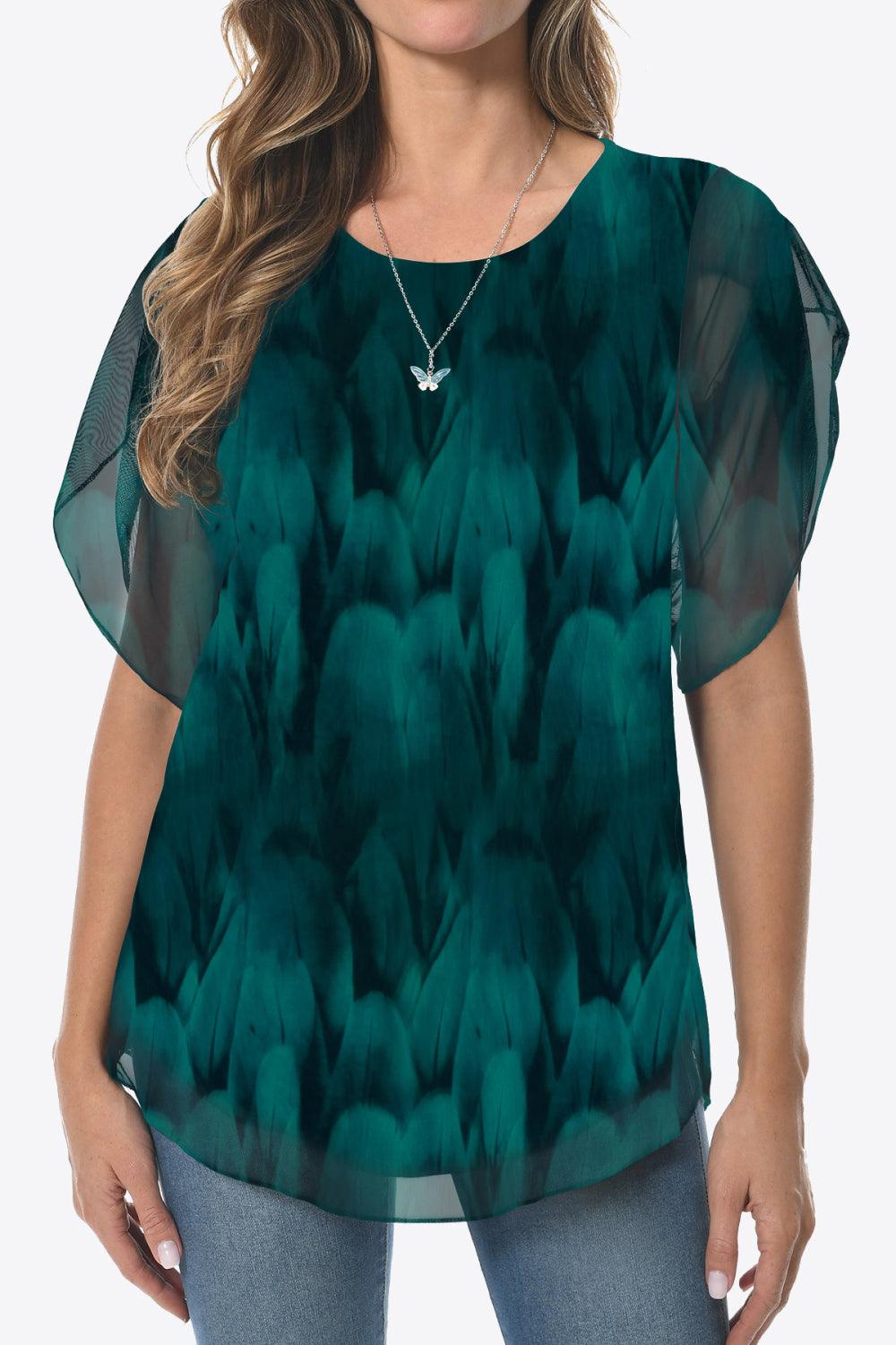 Printed Round Neck Curved Hem Blouse