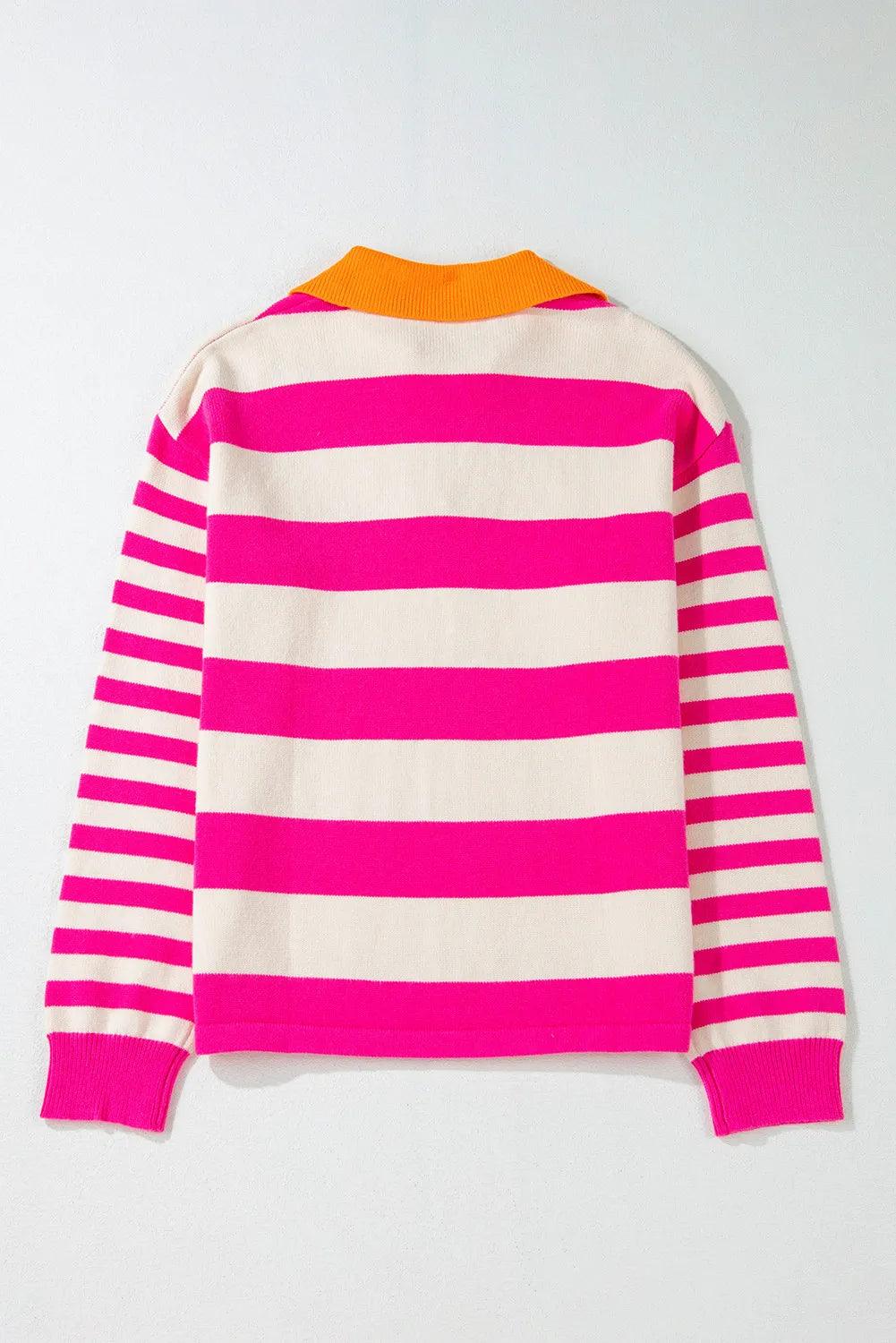 Contrast Stripes Johnny Collar Long Sleeve Sweater - PD SECRET REALM