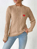 Cable-Knit Heart Round Neck Long Sleeve Sweater - PD SECRET REALM