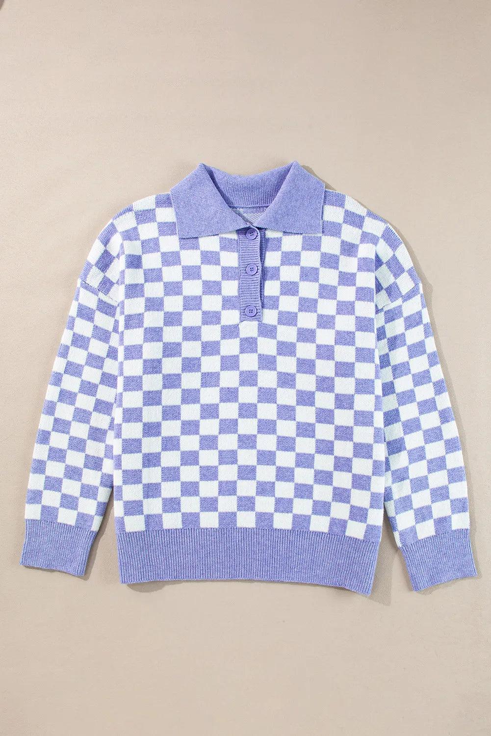 Plus Size Checkered Collared Neck Long Sleeve Sweater - PD SECRET REALM