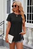 Eyelet Slit Round Neck Short Sleeve T-Shirt - PD SECRET REALM