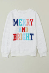 Full Size MERRY AND BRIGHT Cable Knit Pullover Sweatshirt - PD SECRET REALM