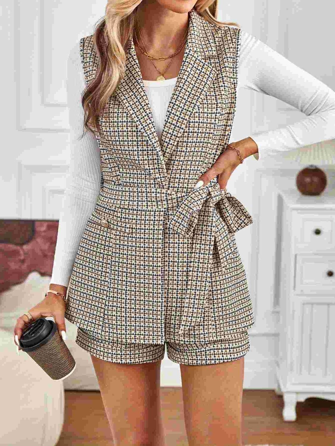 Tied Plaid Collared Neck Vest and Shorts Set - PD SECRET REALM