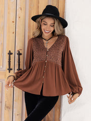 Printed V-Neck Long Sleeve Blouse - PD SECRET REALM