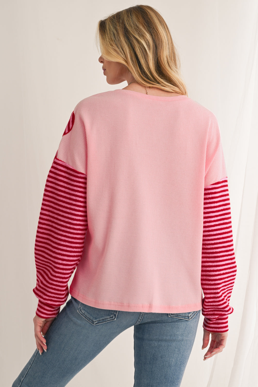 Pink Floral Colorblock Striped Sleeve Crinkle Waffle Patchwork Top