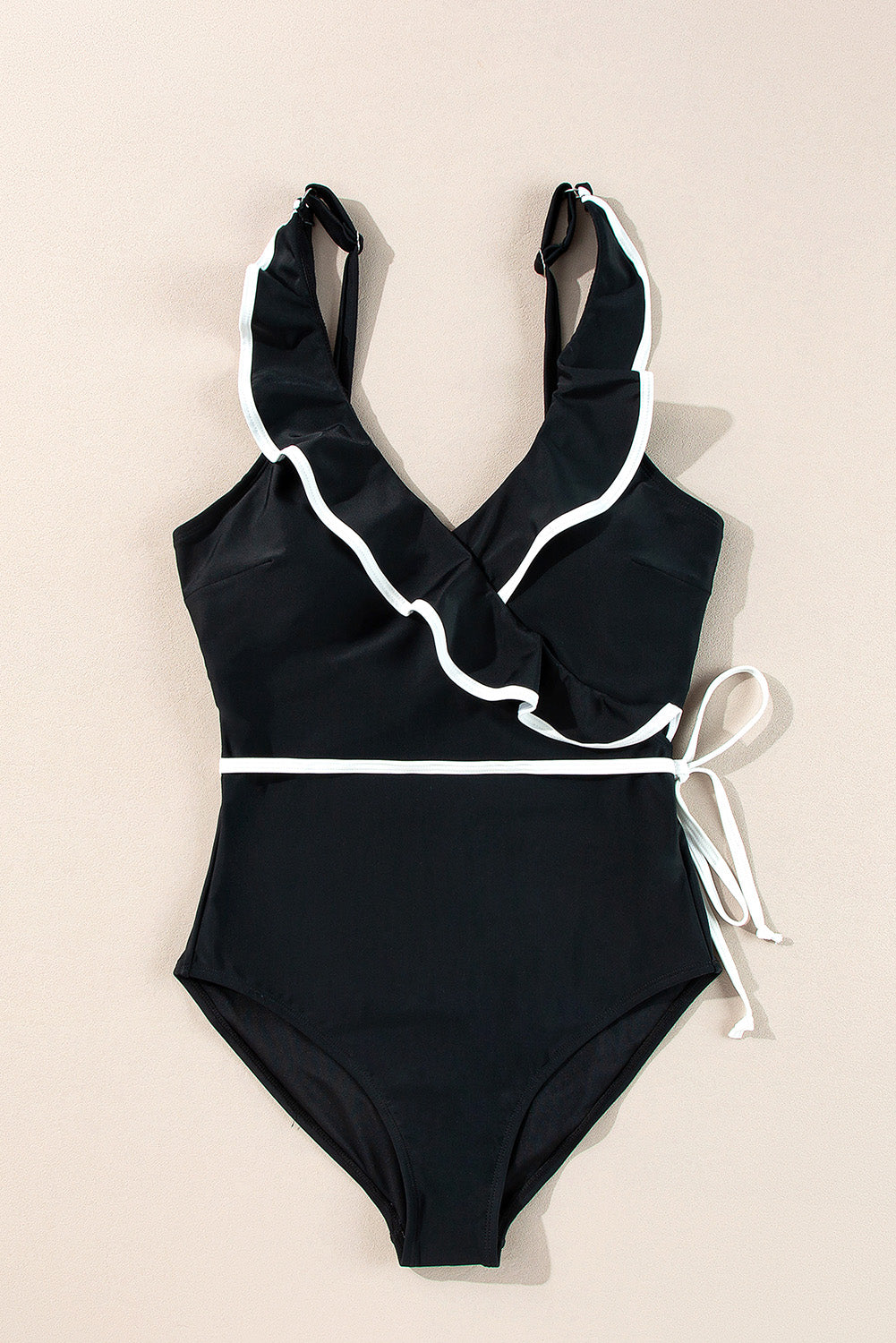 Black Color Contrast Ruffled Wrap V Neck Swimsuit