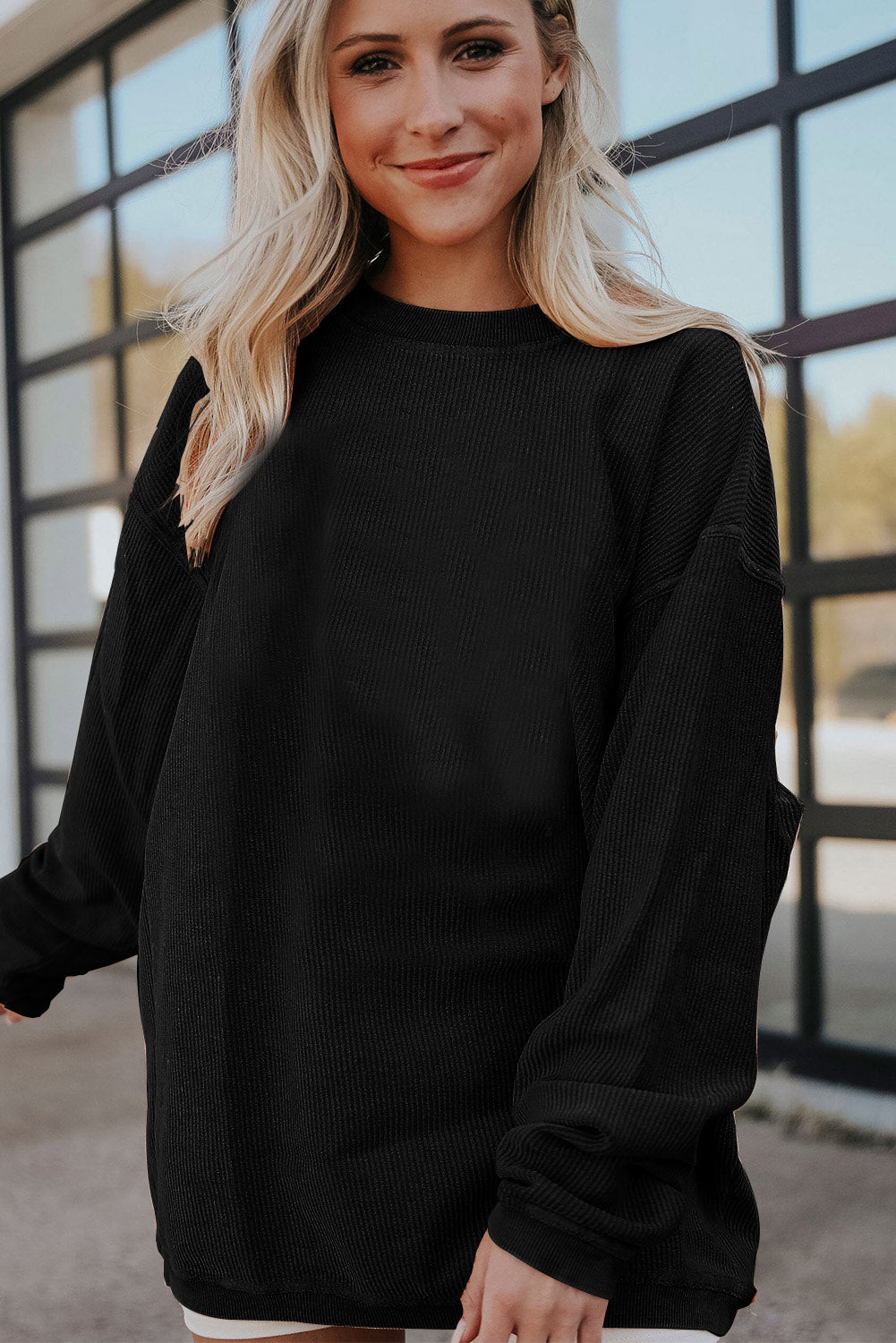 Dark Blue Plain Drop Sleeve Crinkle Rib Oversized Sweatshirt