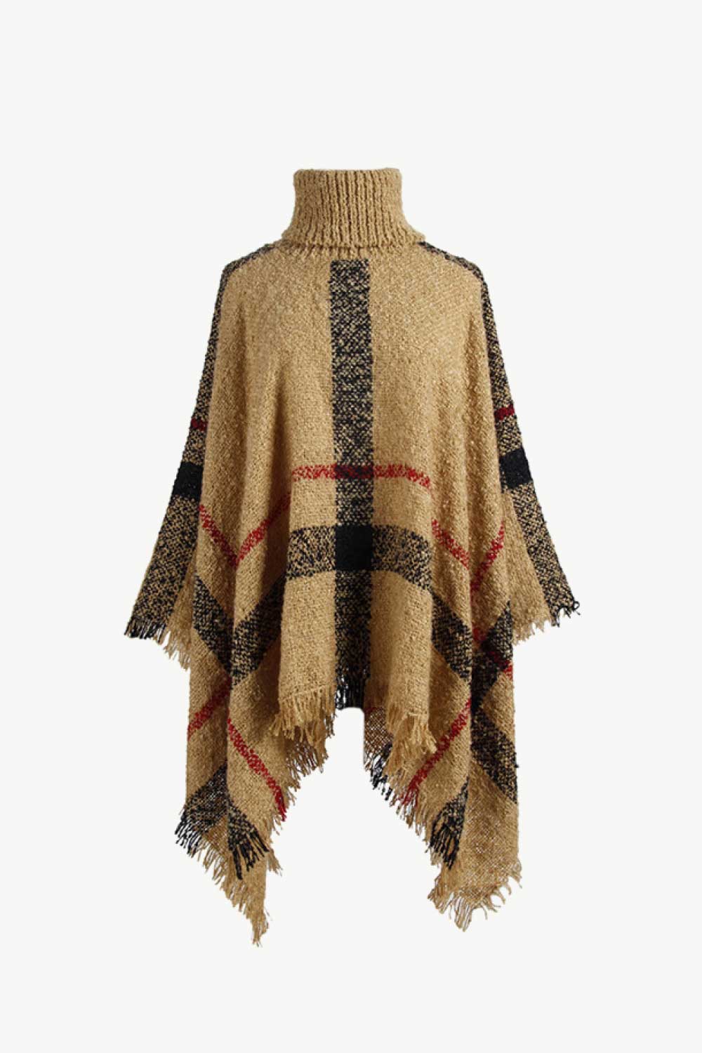 Plaid Turtleneck Raw Hem Poncho