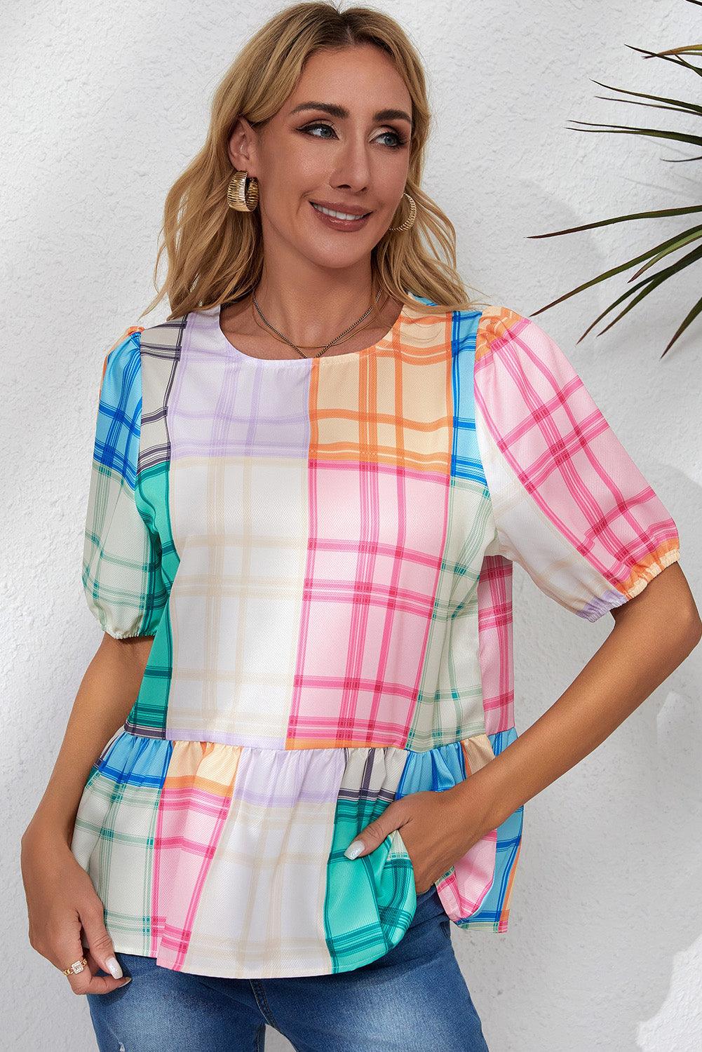 Round Neck Puff Sleeve Plaid Blouse