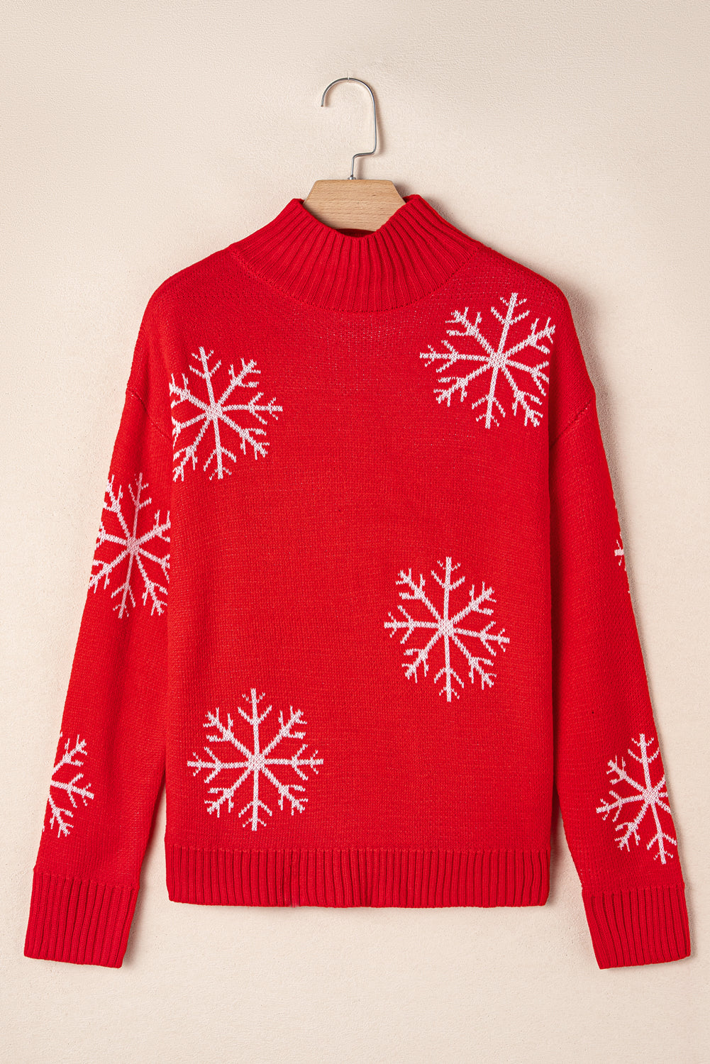 Fiery Red Christmas Snow Printed High Neck Sweater