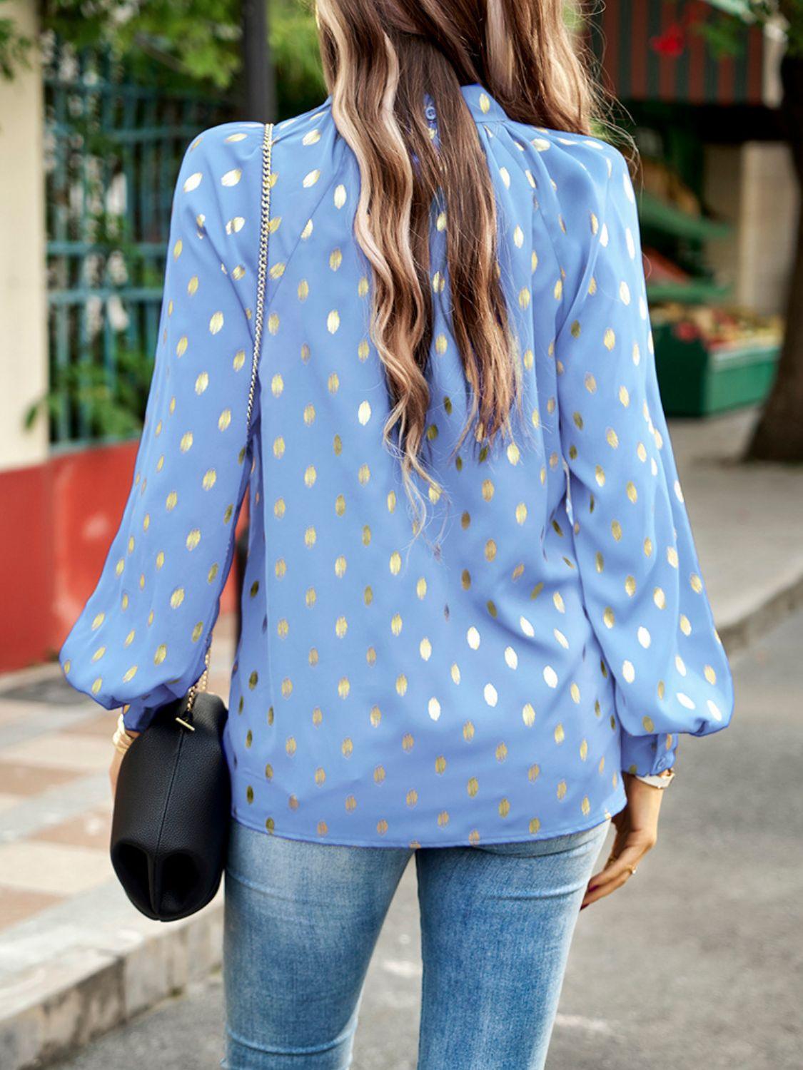 Devine Mock Neck Cutout Lantern Sleeve Blouse